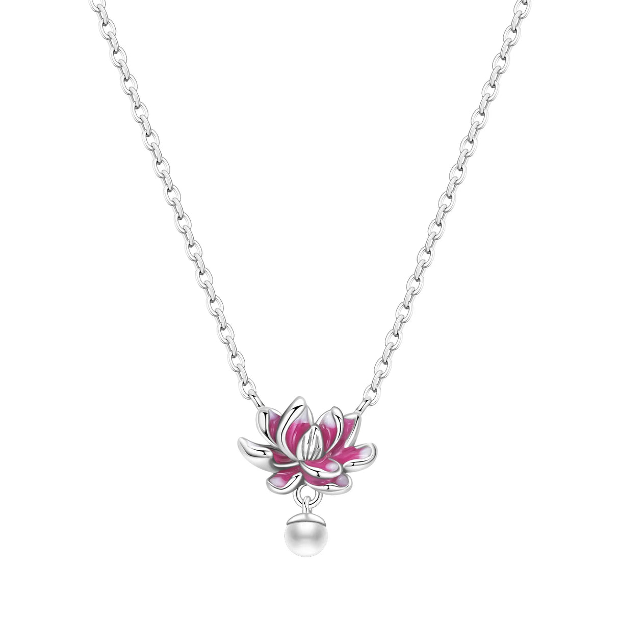 Necklace with a pink lotus flower pendant and pearl on a white background