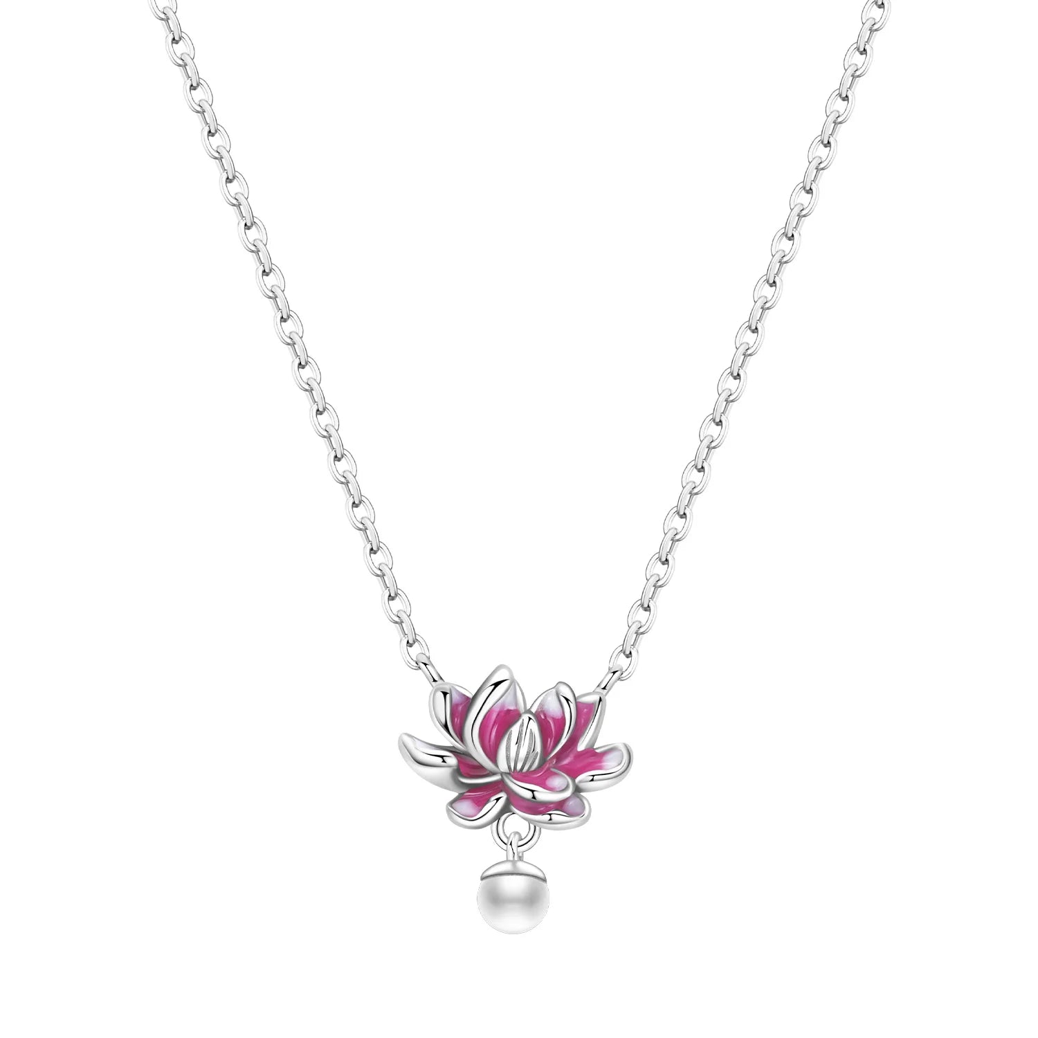 Necklace with a pink lotus flower pendant and pearl on a white background