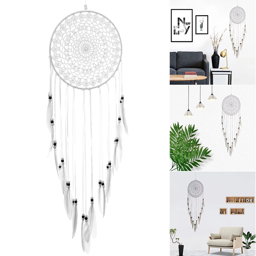 White dreamcatcher with decorative elements in a home setting