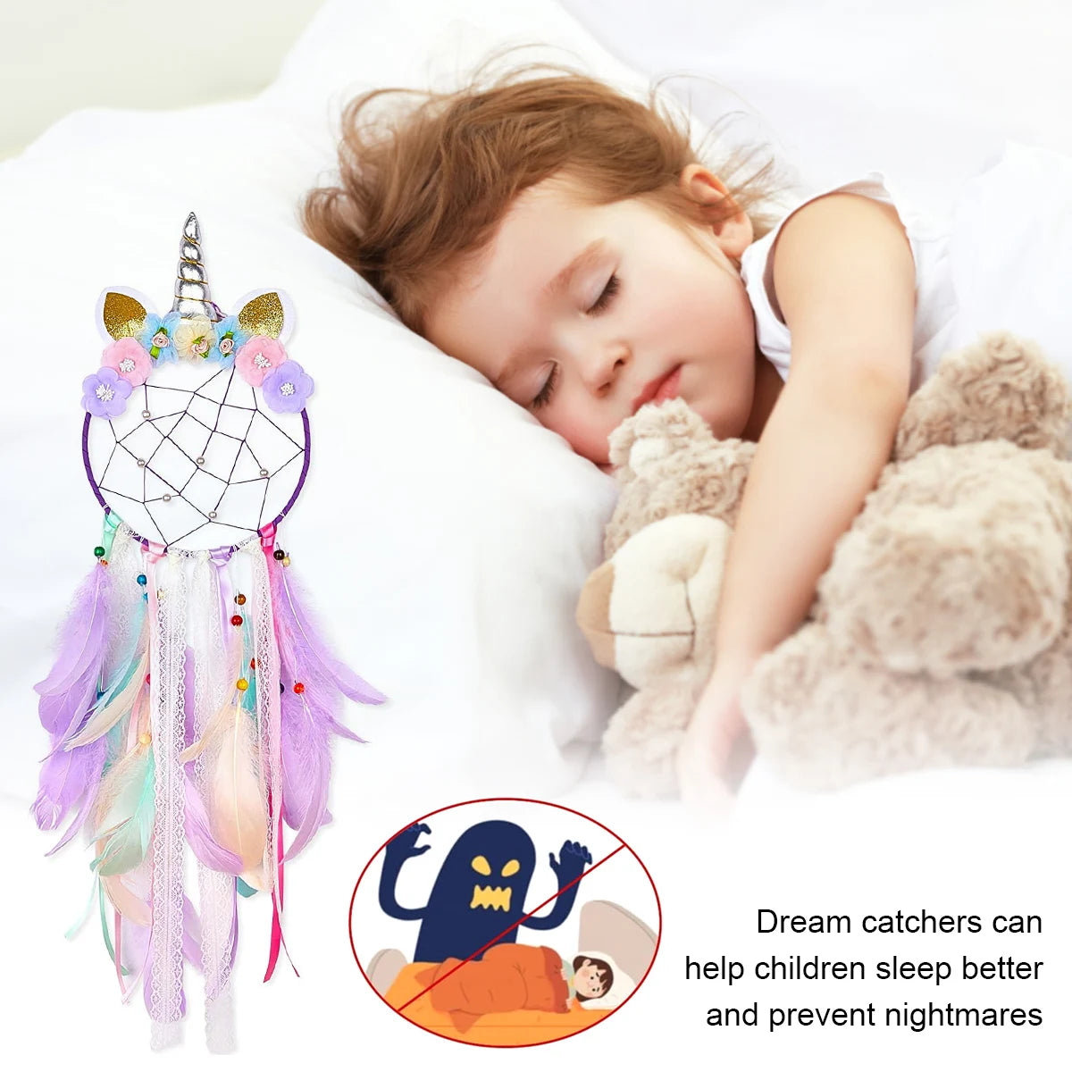 Child sleeping with a teddy bear and a colorful dreamcatcher, with text about dream catchers helping children sleep better.