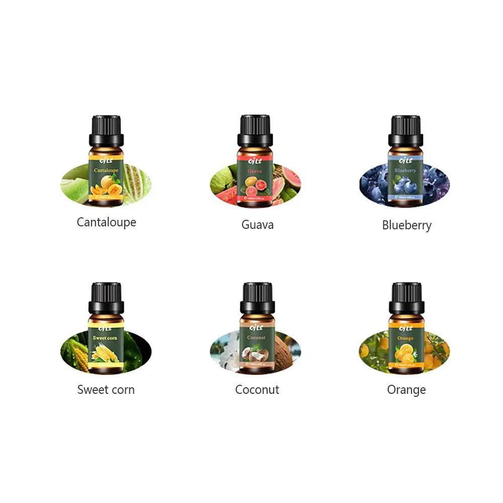 Set of six essential oil bottles with labels for cantaloupe, guava, blueberry, sweet corn, coconut, and orange on a white background.