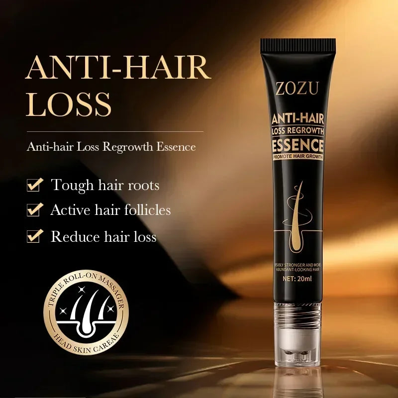 ZOZU Anti-Hair Loss Regrowth Essence tube on a dark background with text highlighting features.