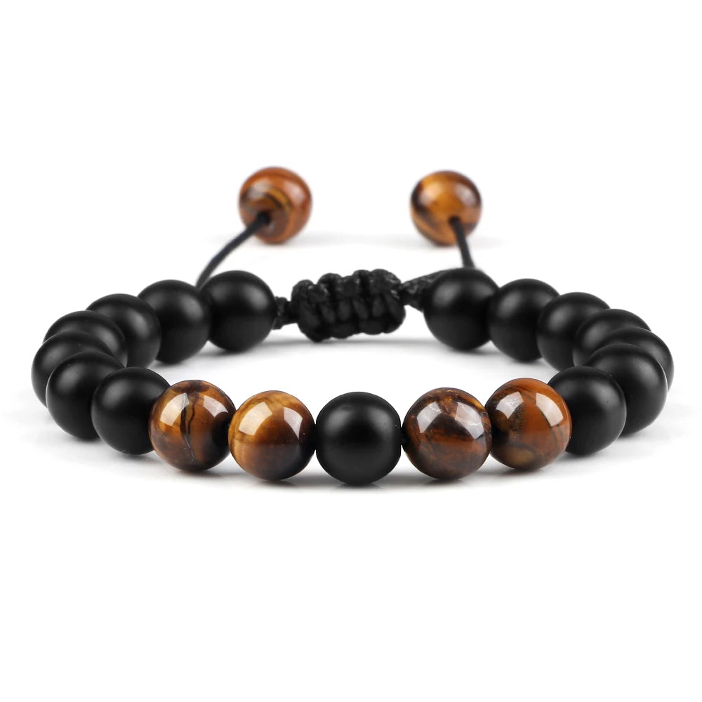 Black and brown beaded bracelet on a white background
