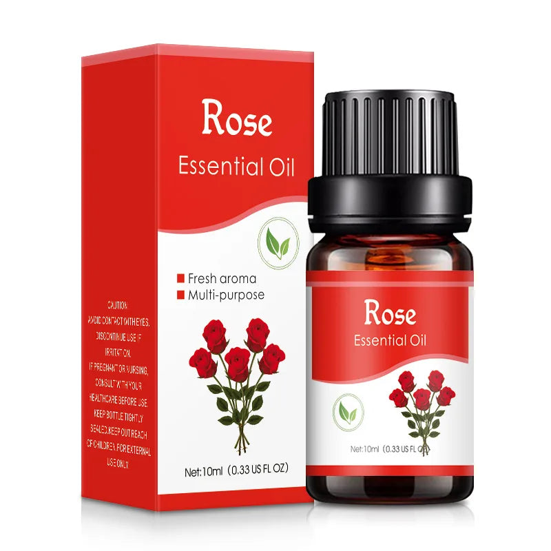 Rose essential oil bottle and packaging on a white background