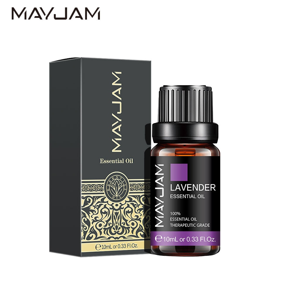 MayJam lavender essential oil bottle and packaging on a white background