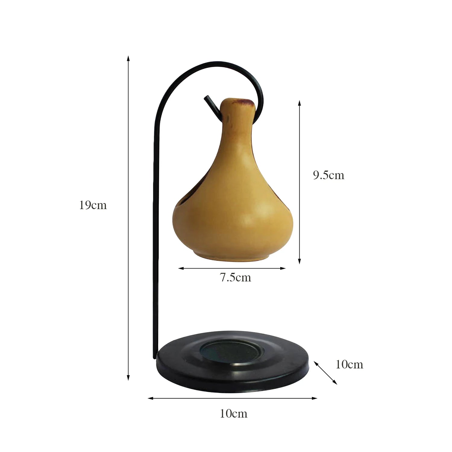 Measurement chart of a decorative vase with black stand on a white background