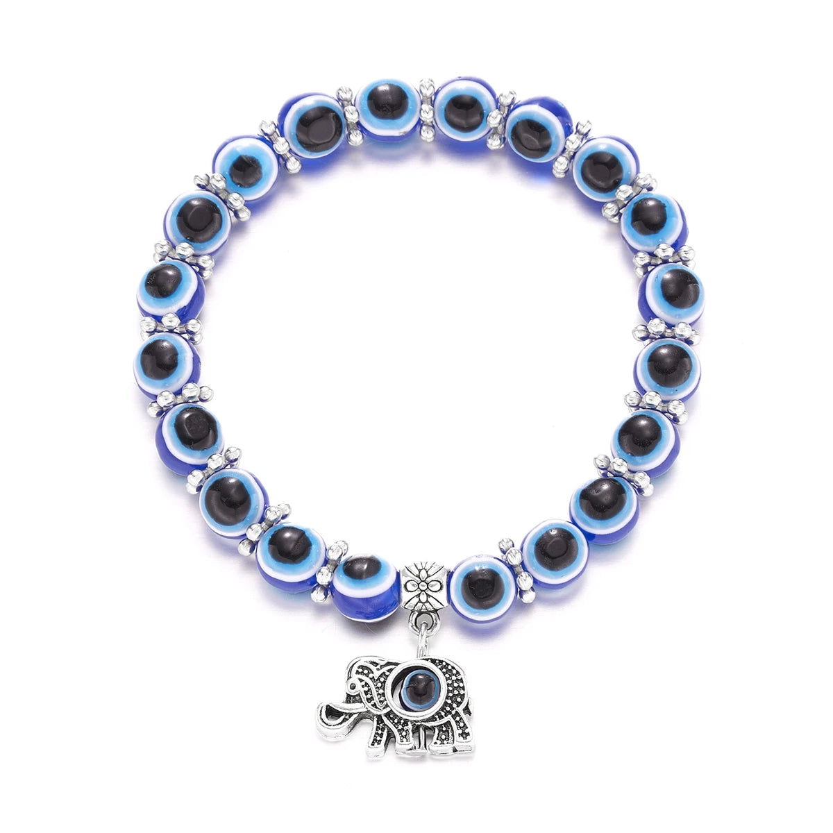 Bracelet with blue and black beaded design and elephant charm on a white background