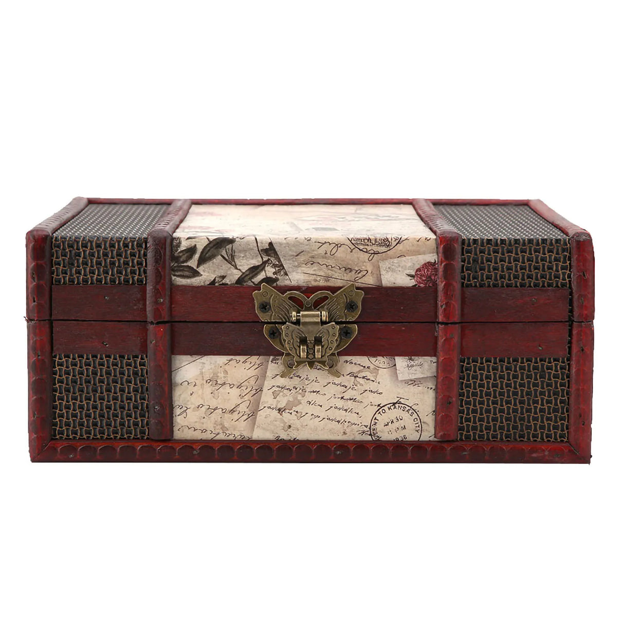 Vintage-style wooden box with decorative lid and brass latch on a white background