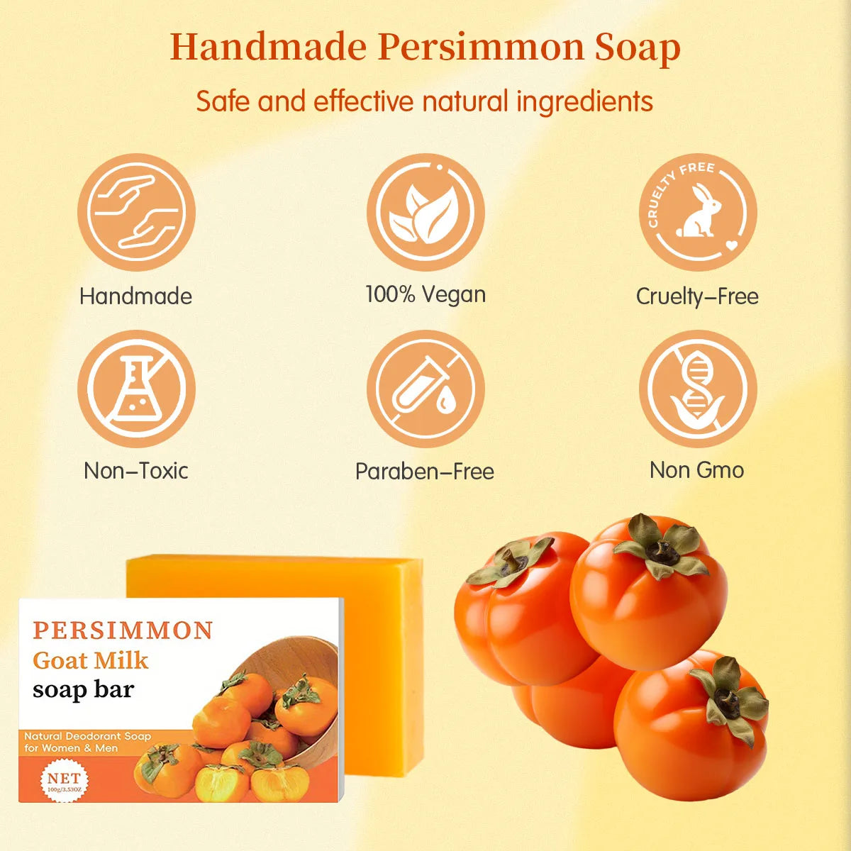 Handmade persimmon soap with safety and effectiveness features on a beige background