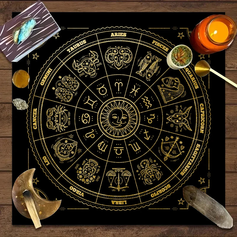 Astrological chart with zodiac symbols on a wooden surface with candles and crystals.