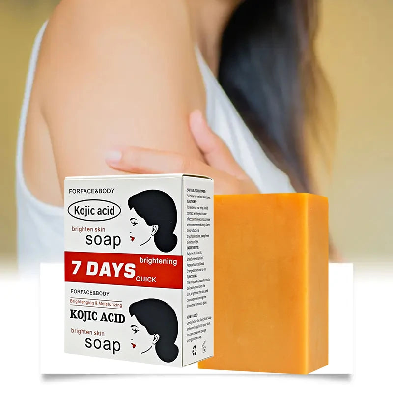 Kojic acid soap packaging with a bar of soap on a neutral background
