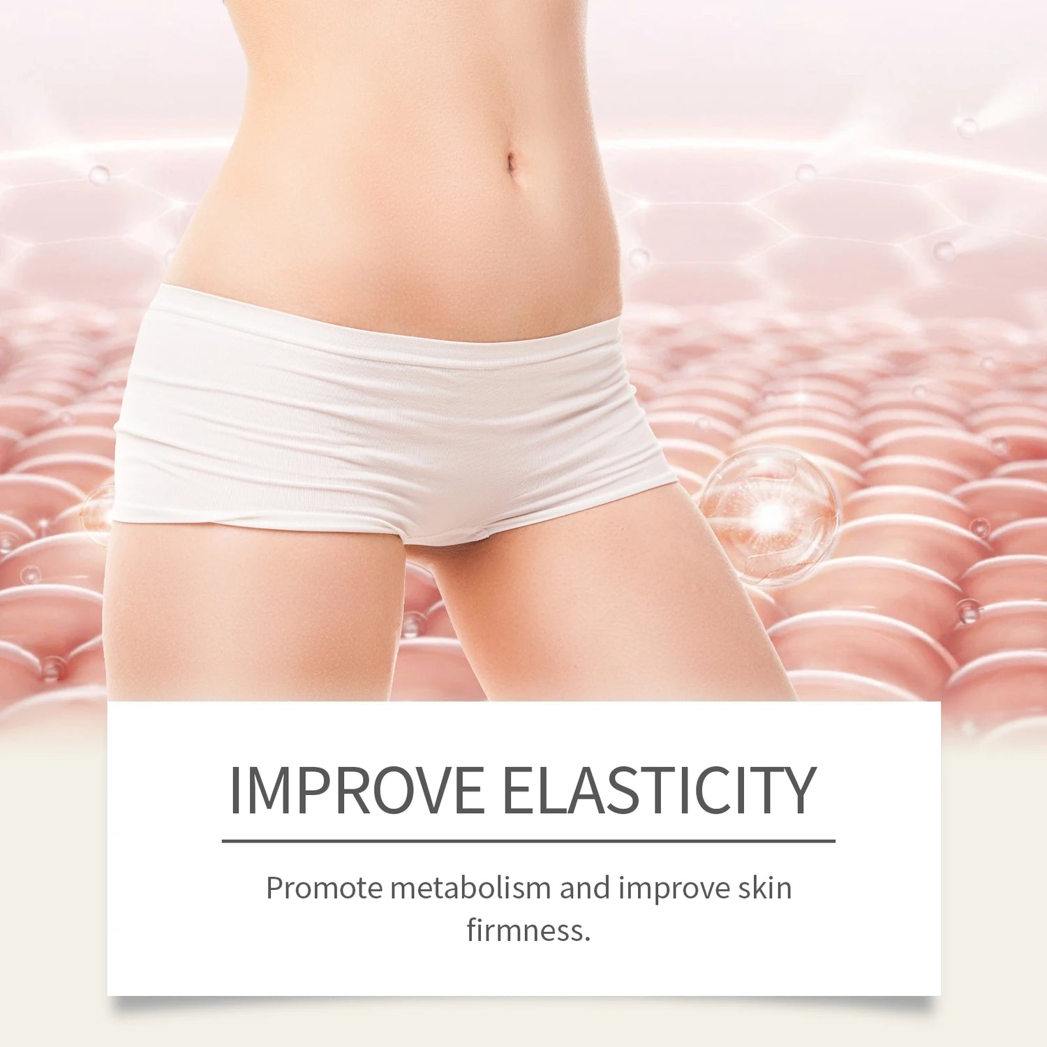 Person wearing white underwear with text about improving elasticity and skin firmness on a pink textured background