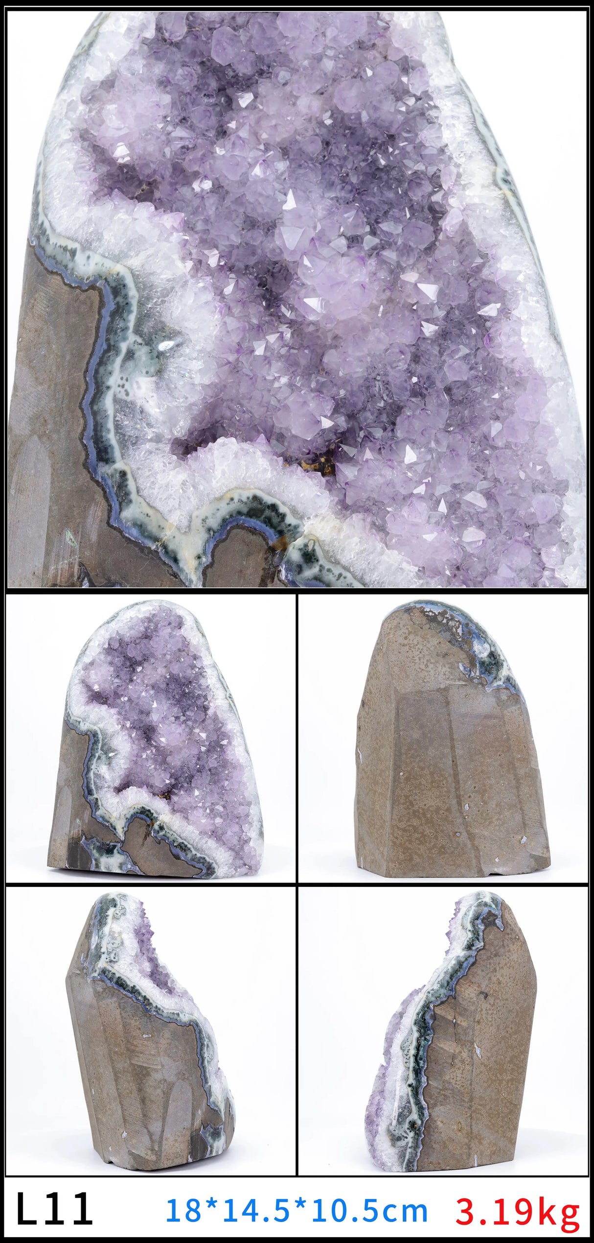 Geode with purple crystal interior on a white background