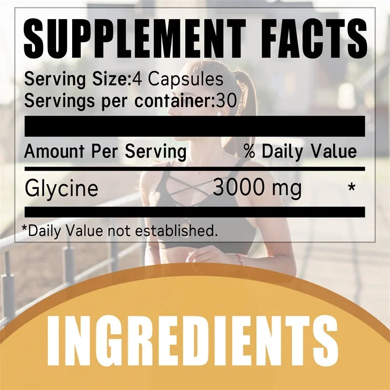 Supplement facts label with glycine content on a blurred background