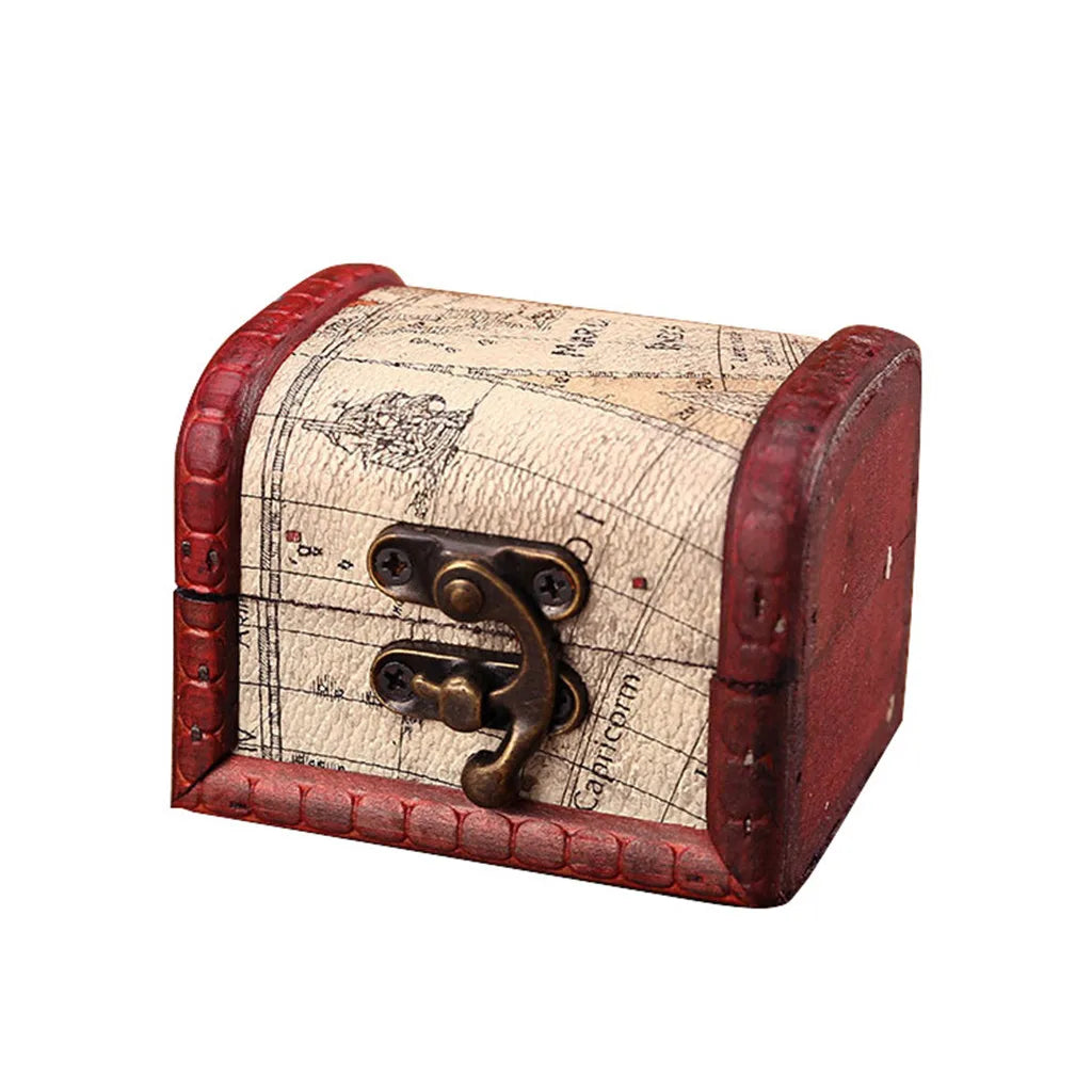 Vintage-style jewelry box with map design and bronze latch on a white background