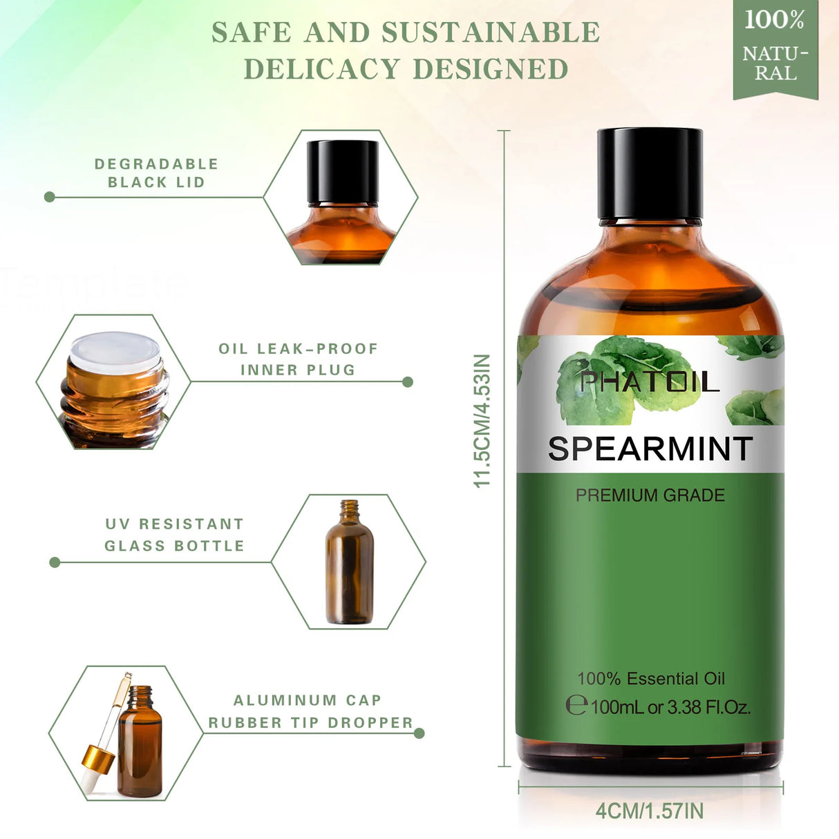 Spearmint essential oil bottle with features highlighted on a light background