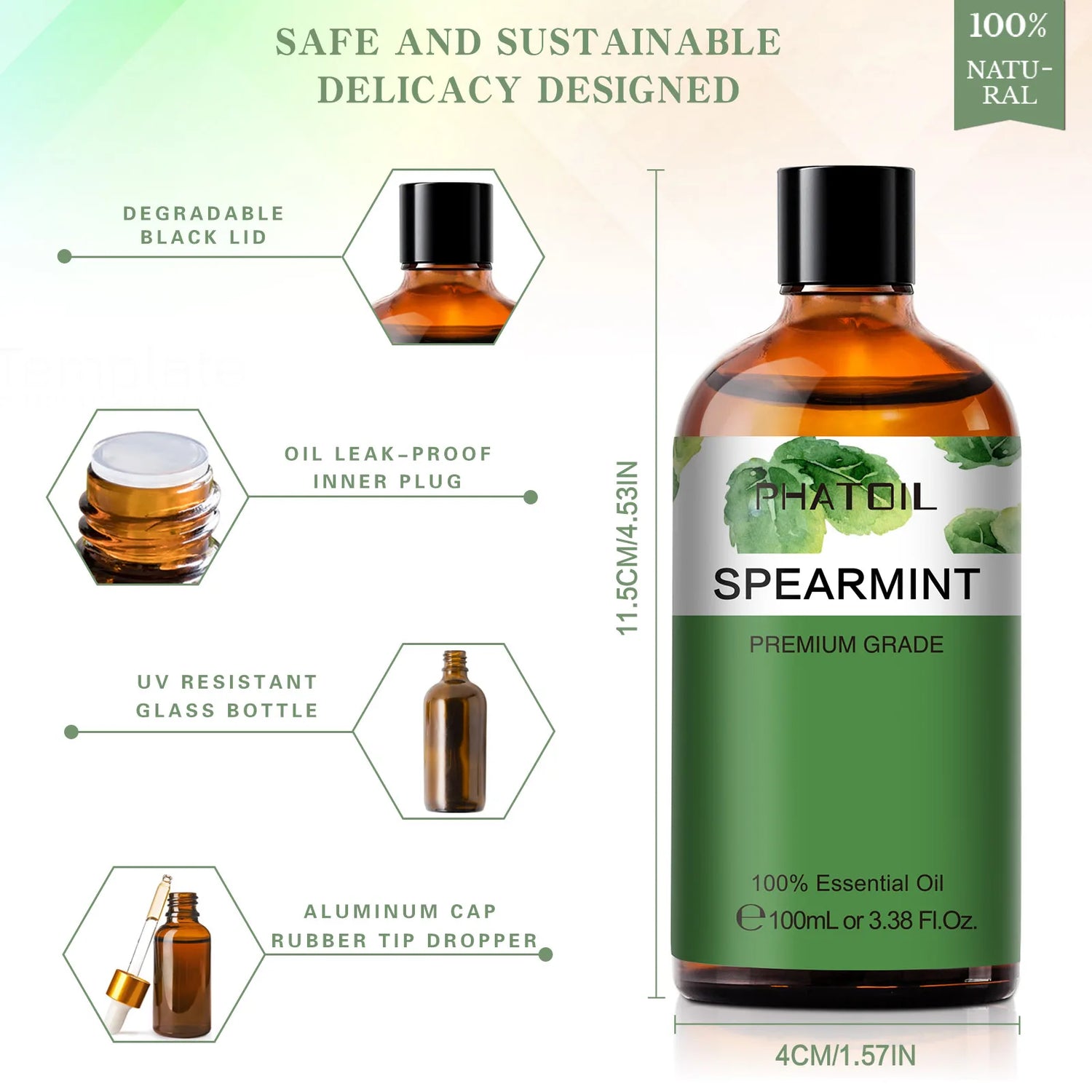 Spearmint essential oil bottle with features highlighted on a light background