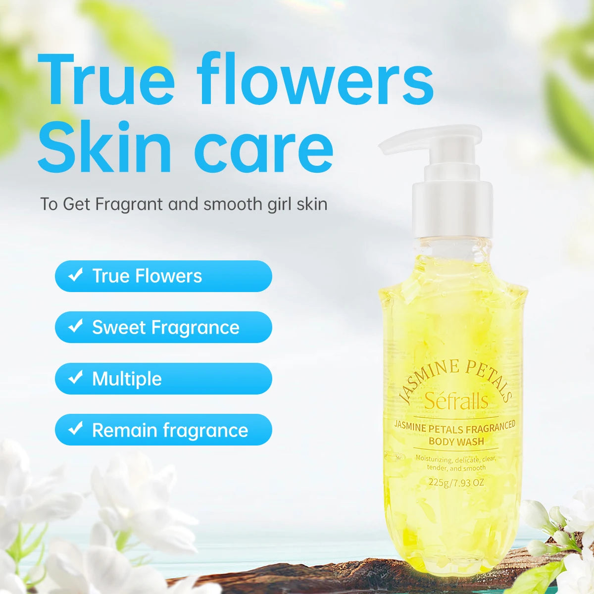 Yellow bottle of Jasmine Petals Scrubs with text on a light floral background