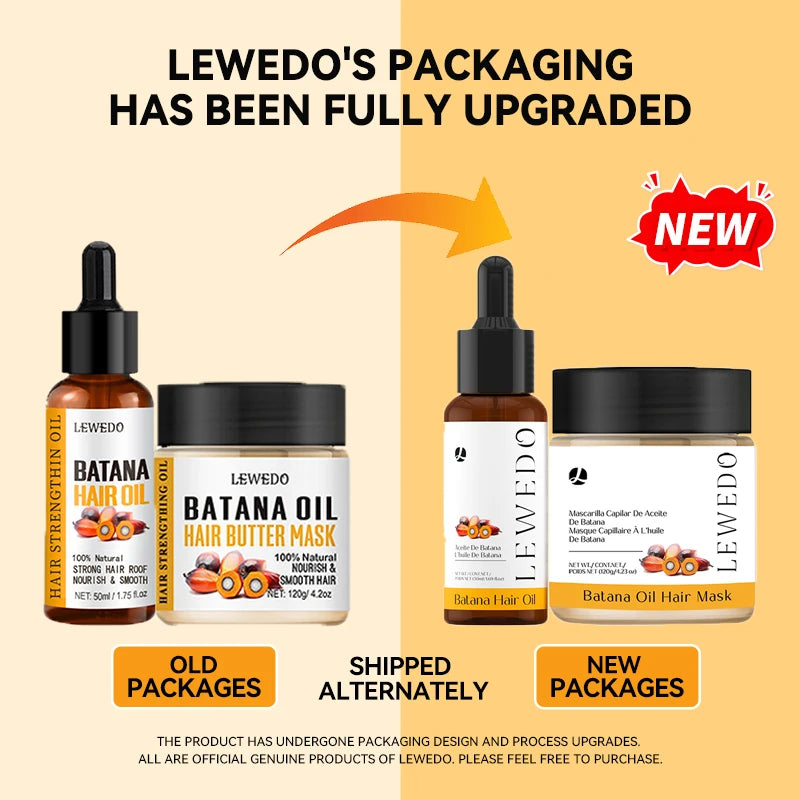 Comparison of Lewedo's old and new packaging for Batana Oil hair products on a beige background.