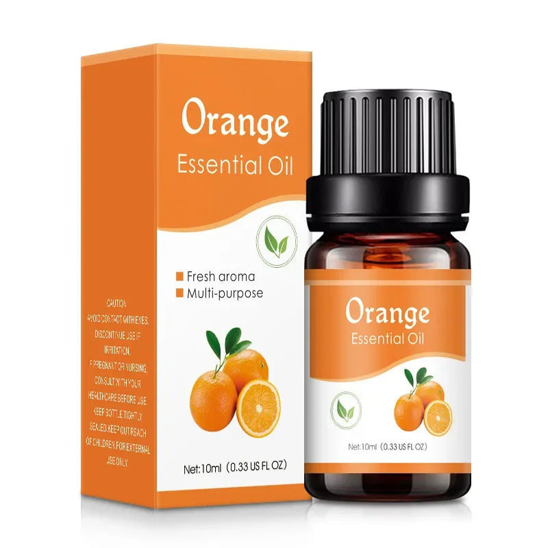 Orange essential oil bottle and packaging on a white background