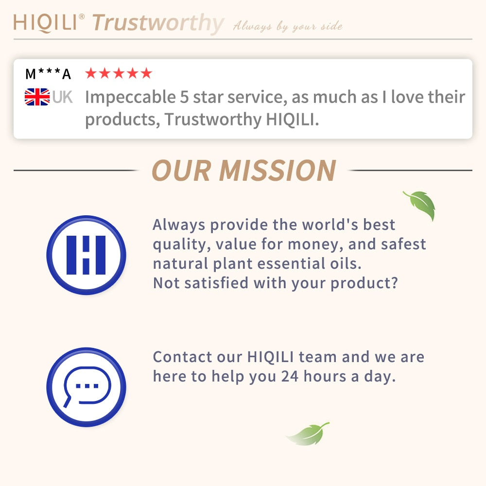 HIQILI brand page with customer review and mission statement on a beige background