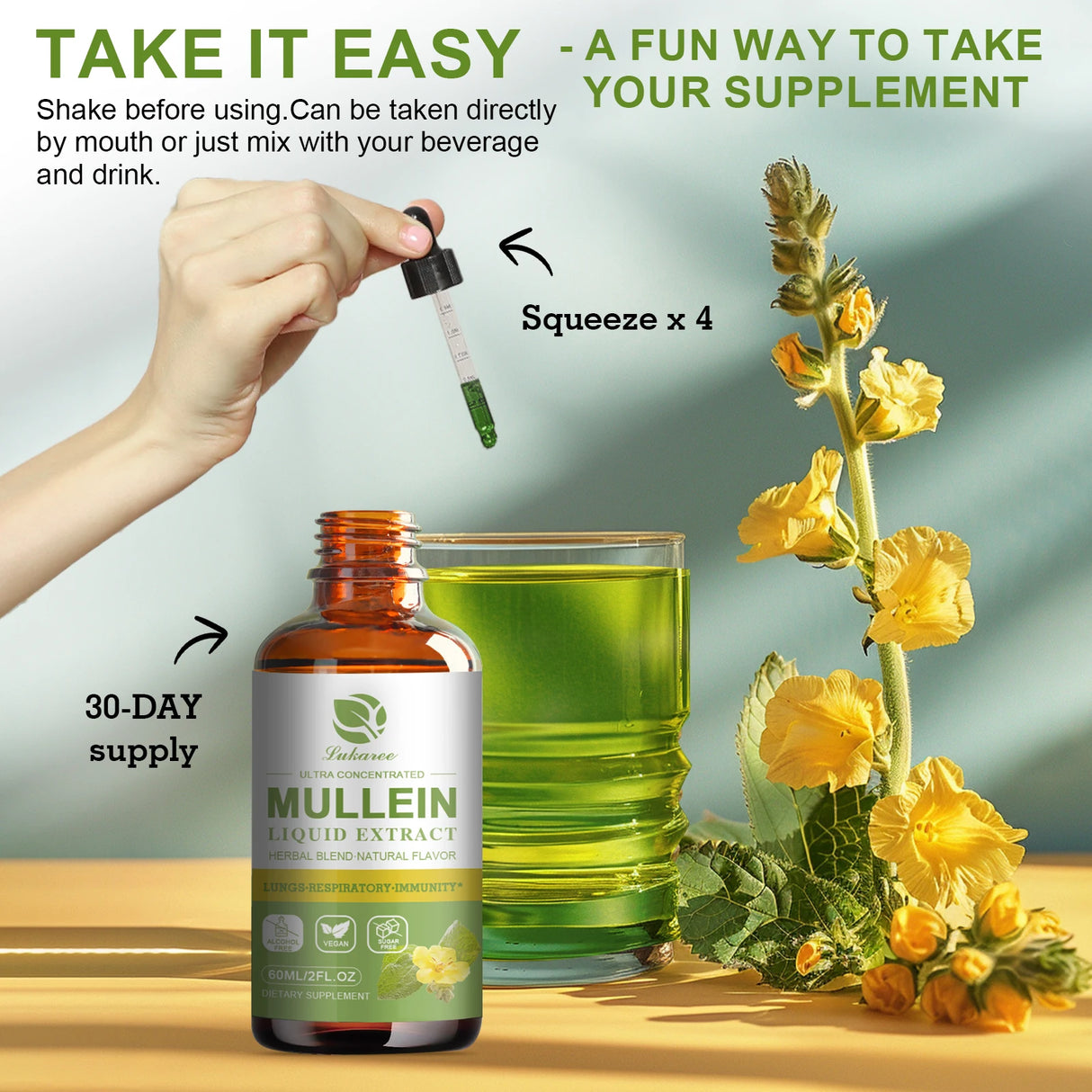 Mullein liquid extract bottle with dropper, glass of green liquid, and mullein flowers on a wooden surface.