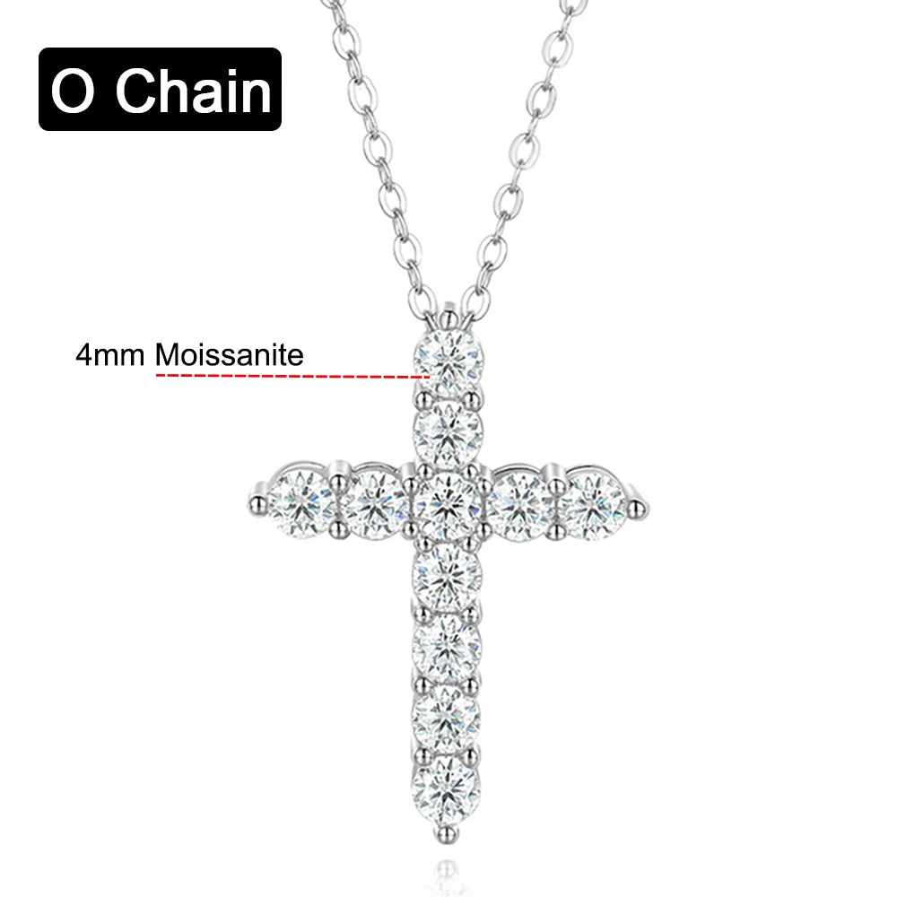 Silver cross pendant necklace with 4mm Moissanite on a white background