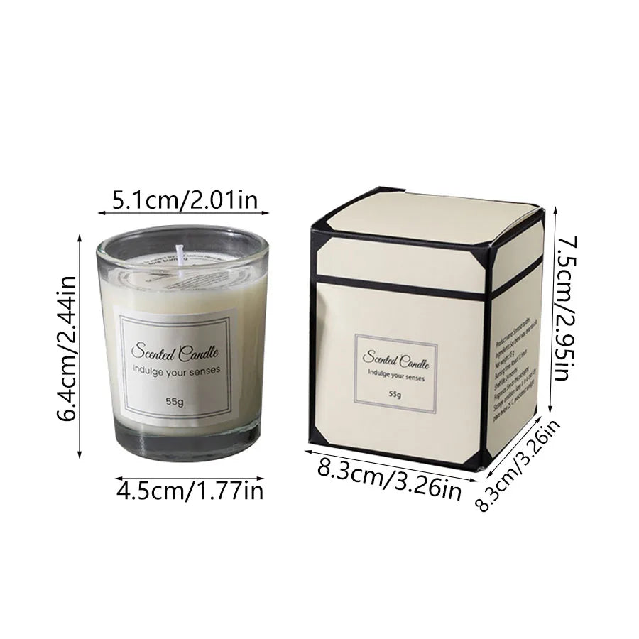 Scented candle with packaging and dimensions labeled