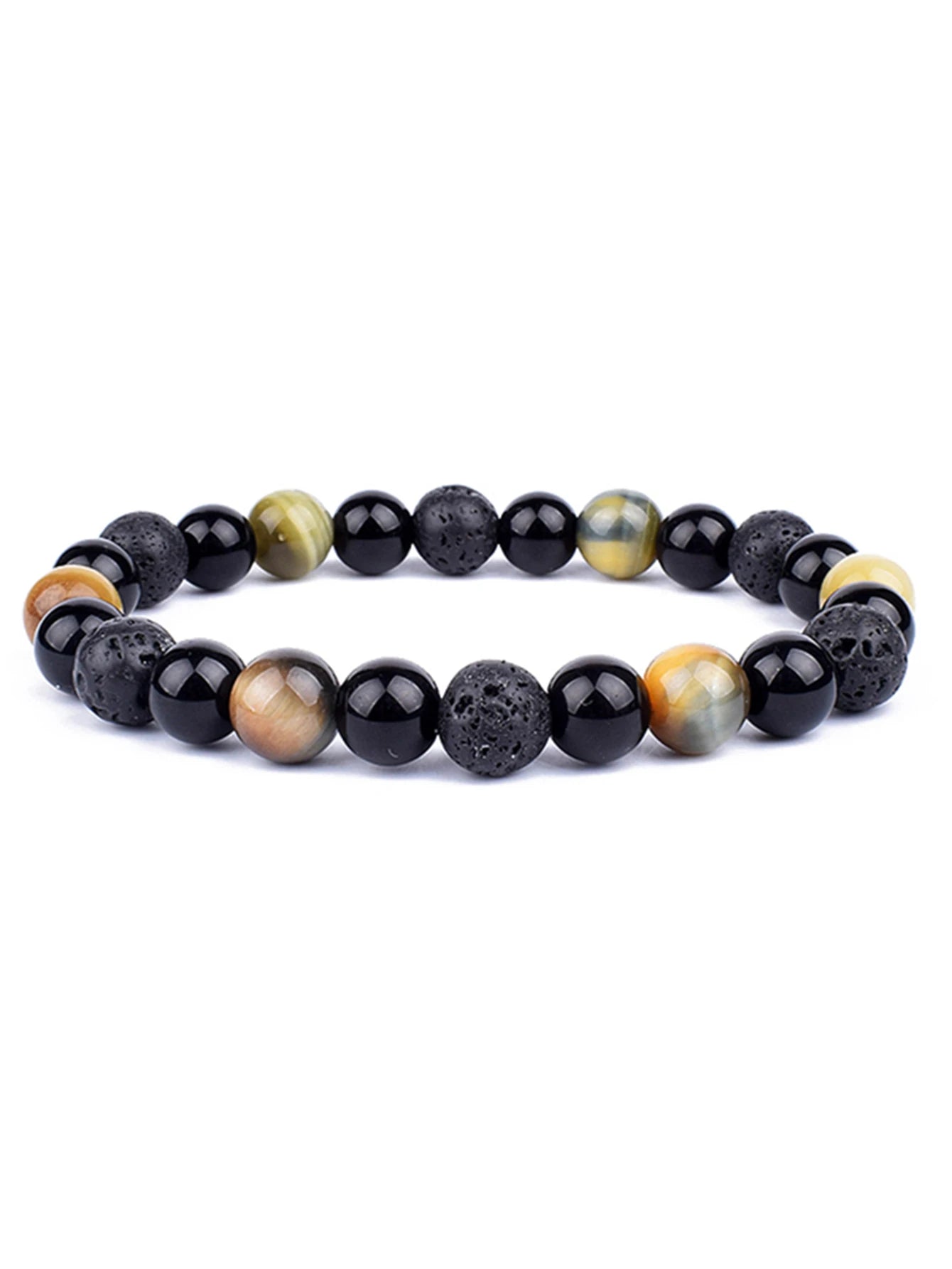Beaded bracelet with black, brown, and green stones on a white background