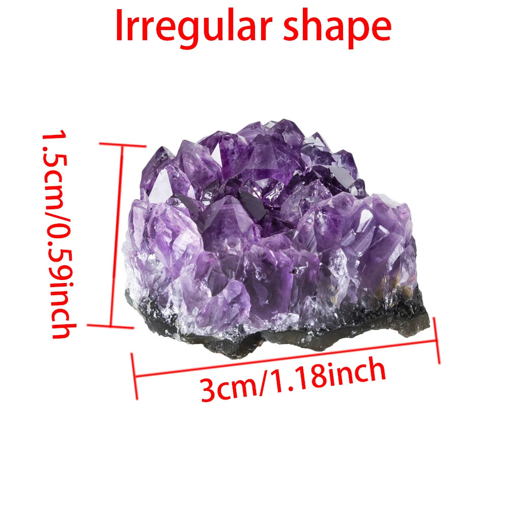 Purple crystal with dimensions labeled on a white background