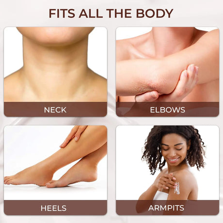 Product demonstration showing its effectiveness on various body parts including neck, elbows, heels, and armpits.