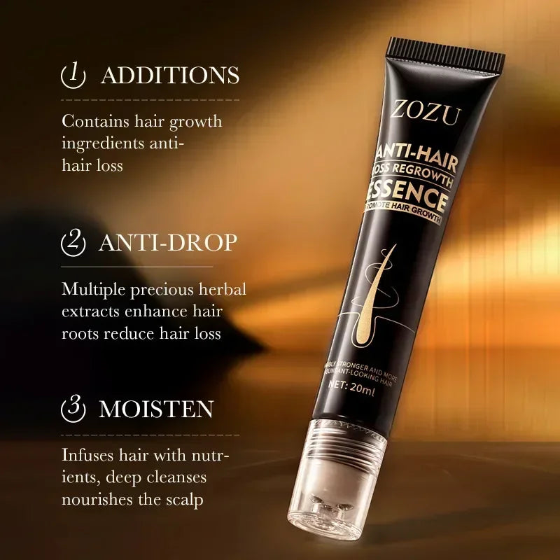 ZOZU Anti-Hair Loss Regrowth Essence tube with features listed on a dark background