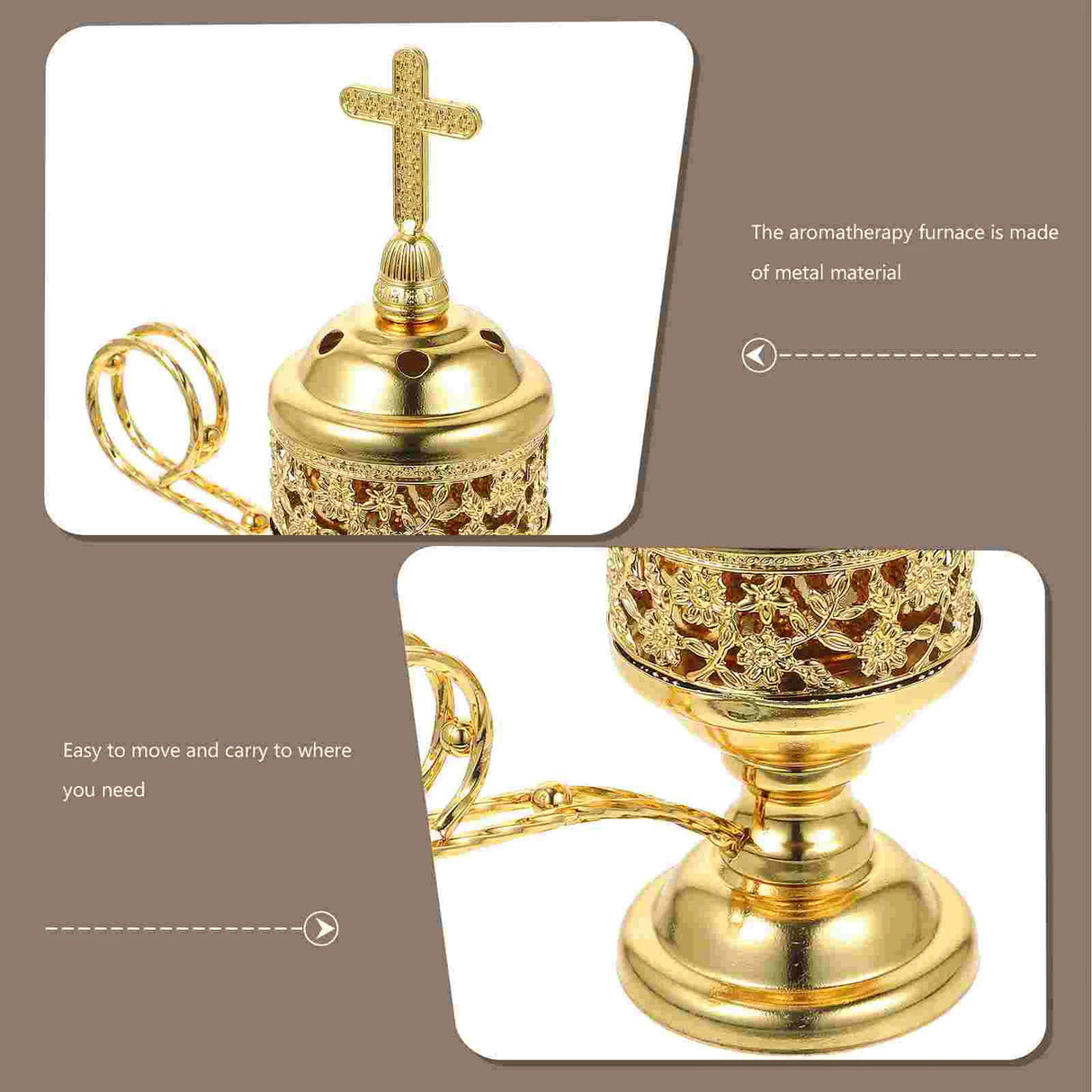 Gold aromatherapy furnace with cross on top on a brown background