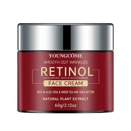 Red face cream jar with silver lid labeled 'YOUNGÜmé' on a white background