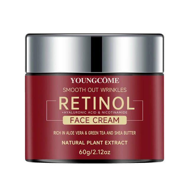 Red face cream jar with silver lid labeled 'YOUNGÜmé' on a white background