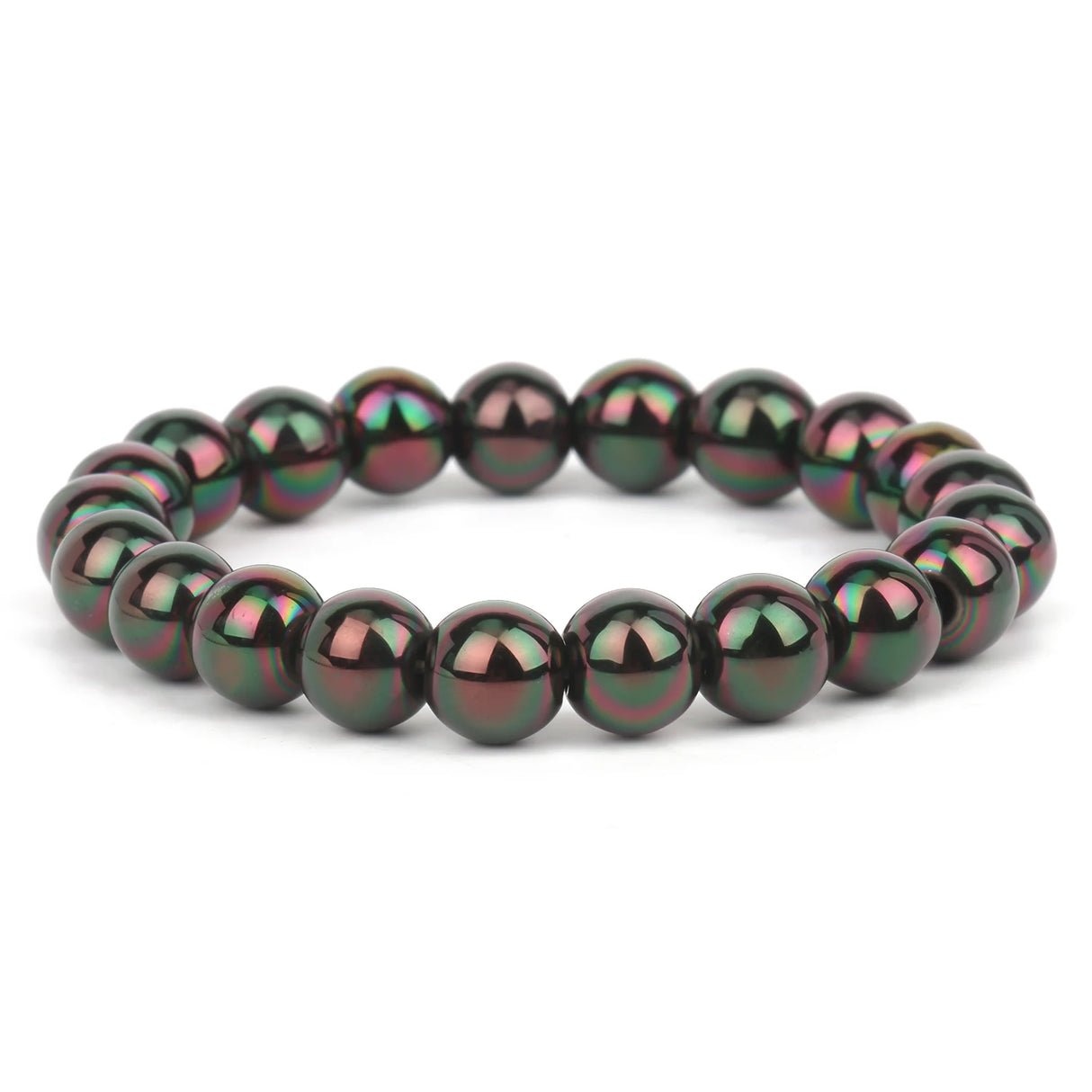 Black beaded bracelet with rainbow iridescent finish on a white background