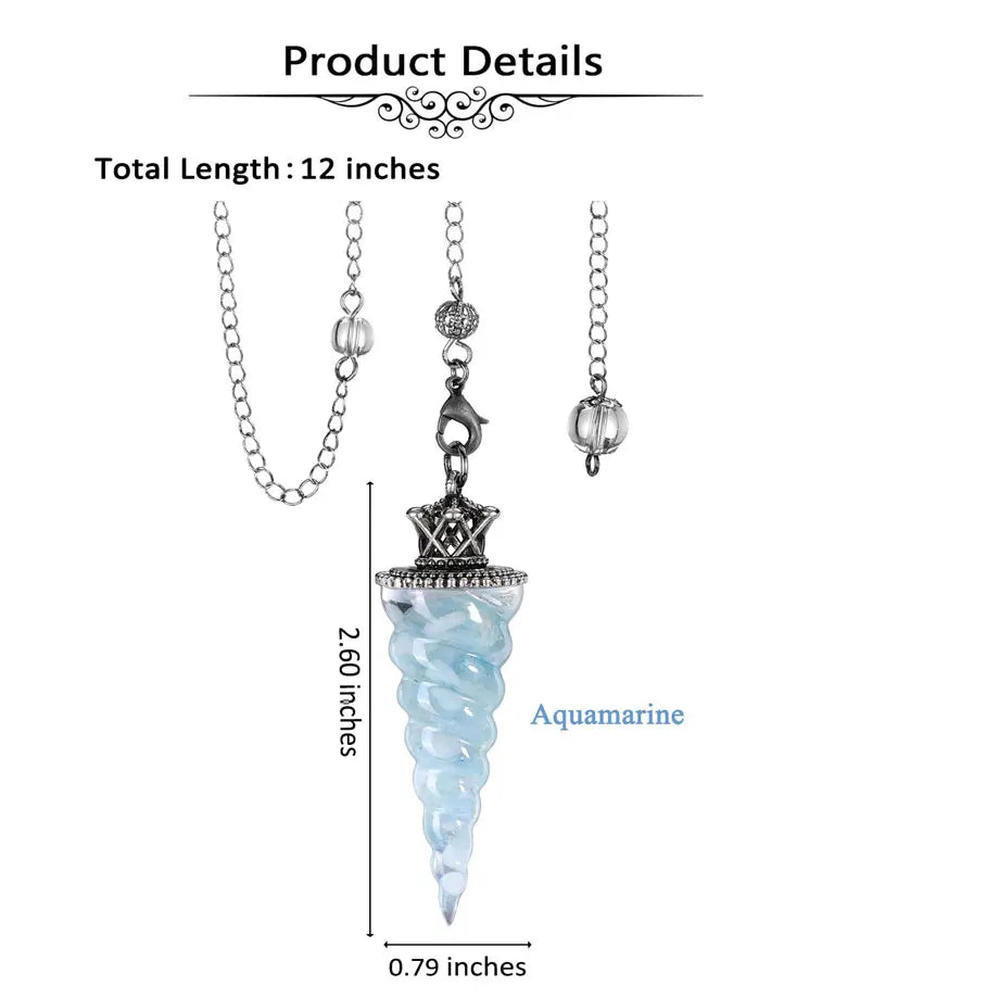 Necklace with a blue pendant and chain, showing product details on a white background.