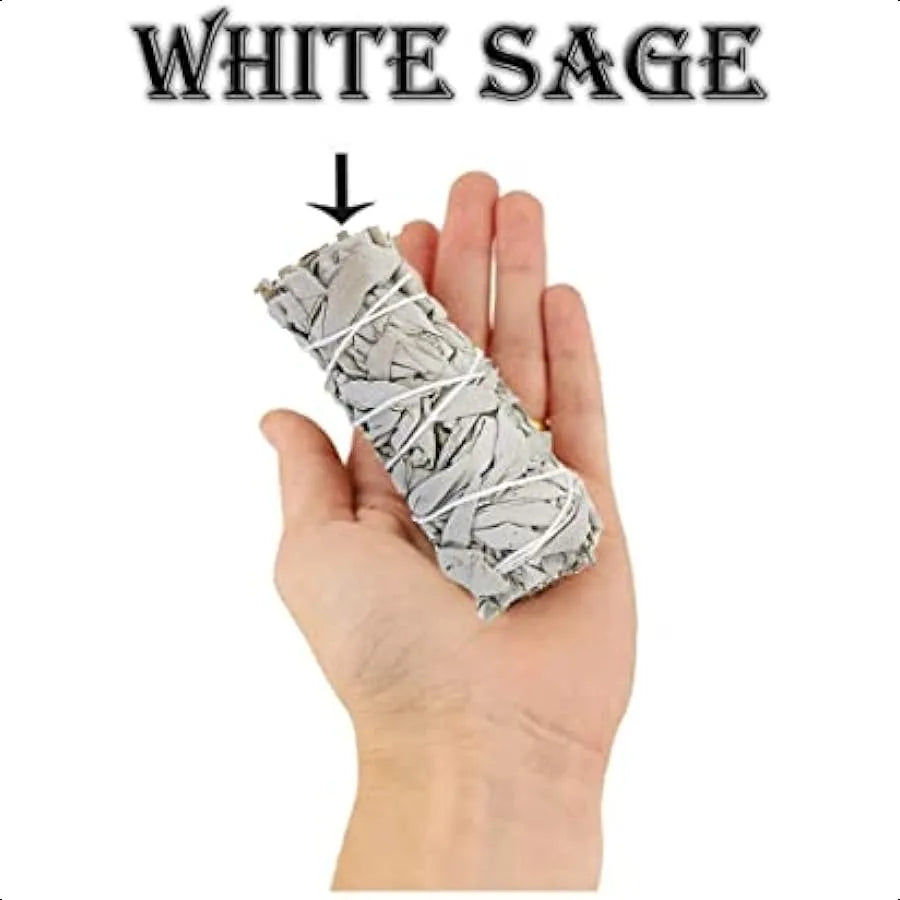 White sage smudge stick held in a hand with 'WHITE SAGE' text above.