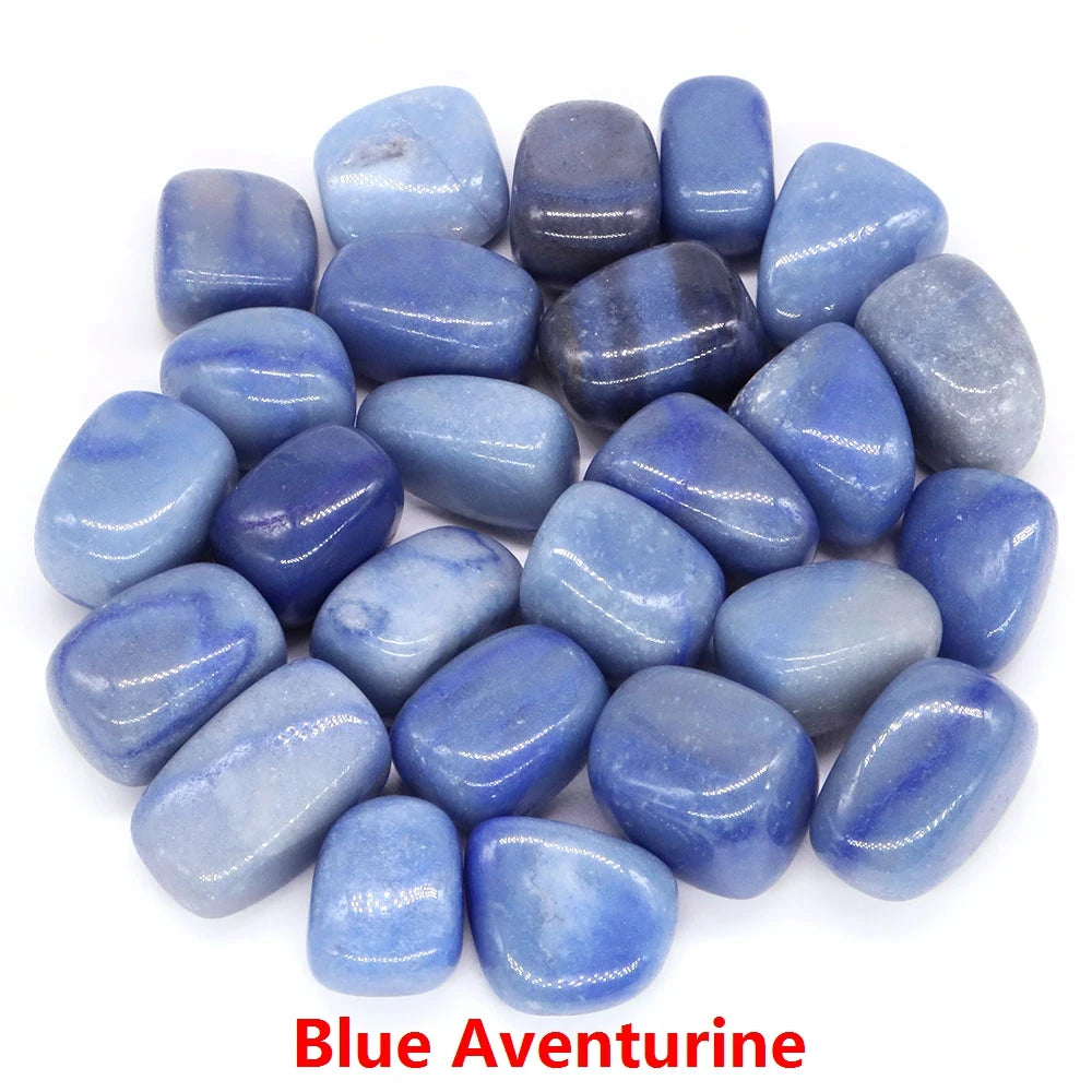Blue aventurine stones on a white background with 'Blue Aventurine' text.