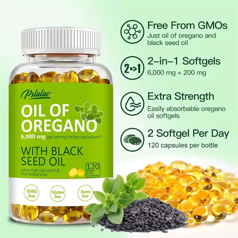 Bottle of Oil of Oregano with Black Seed Oil and its features on a green background