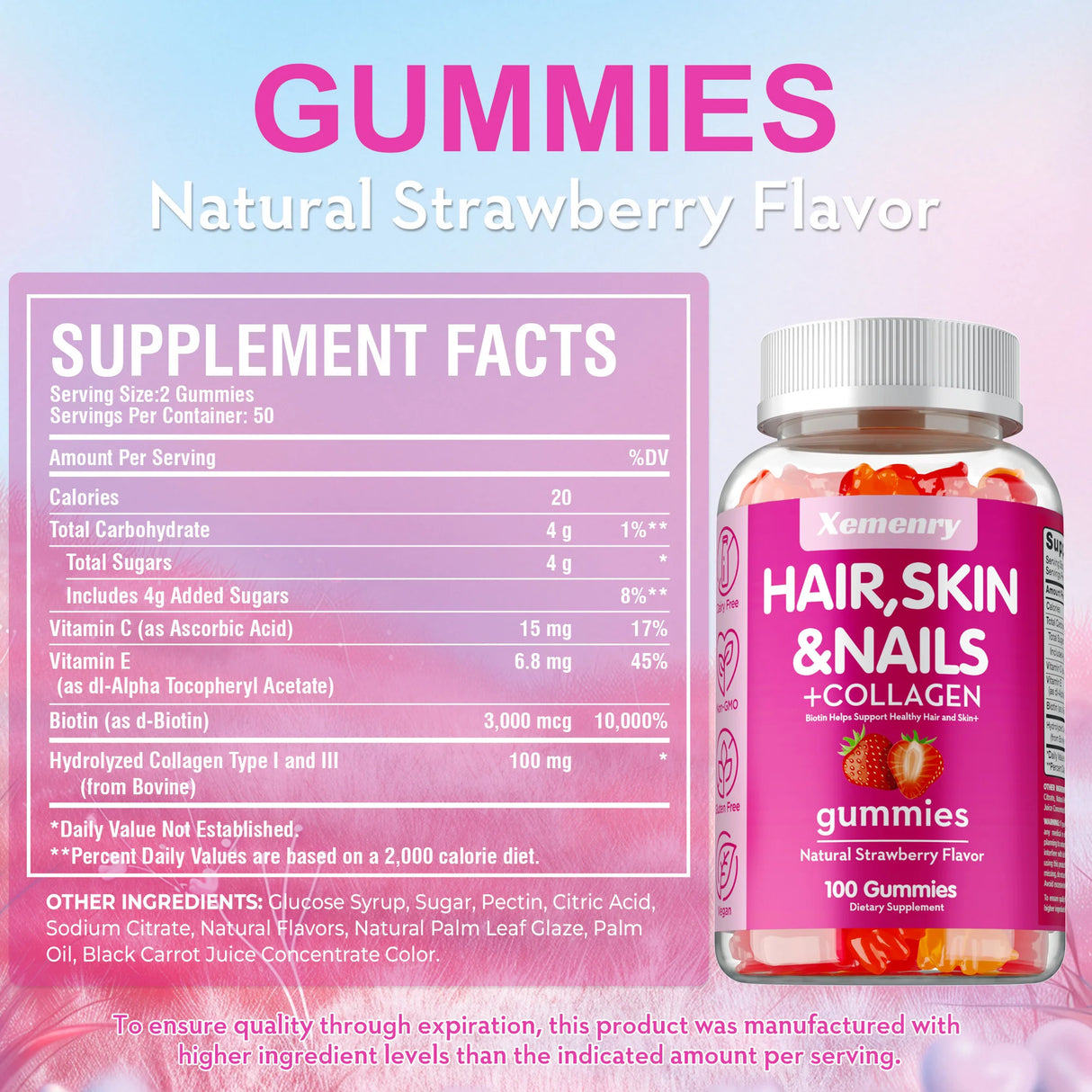Supplement gummies packaging with strawberry flavor and hair, skin, nails, and collagen claims on a pink and purple gradient background.