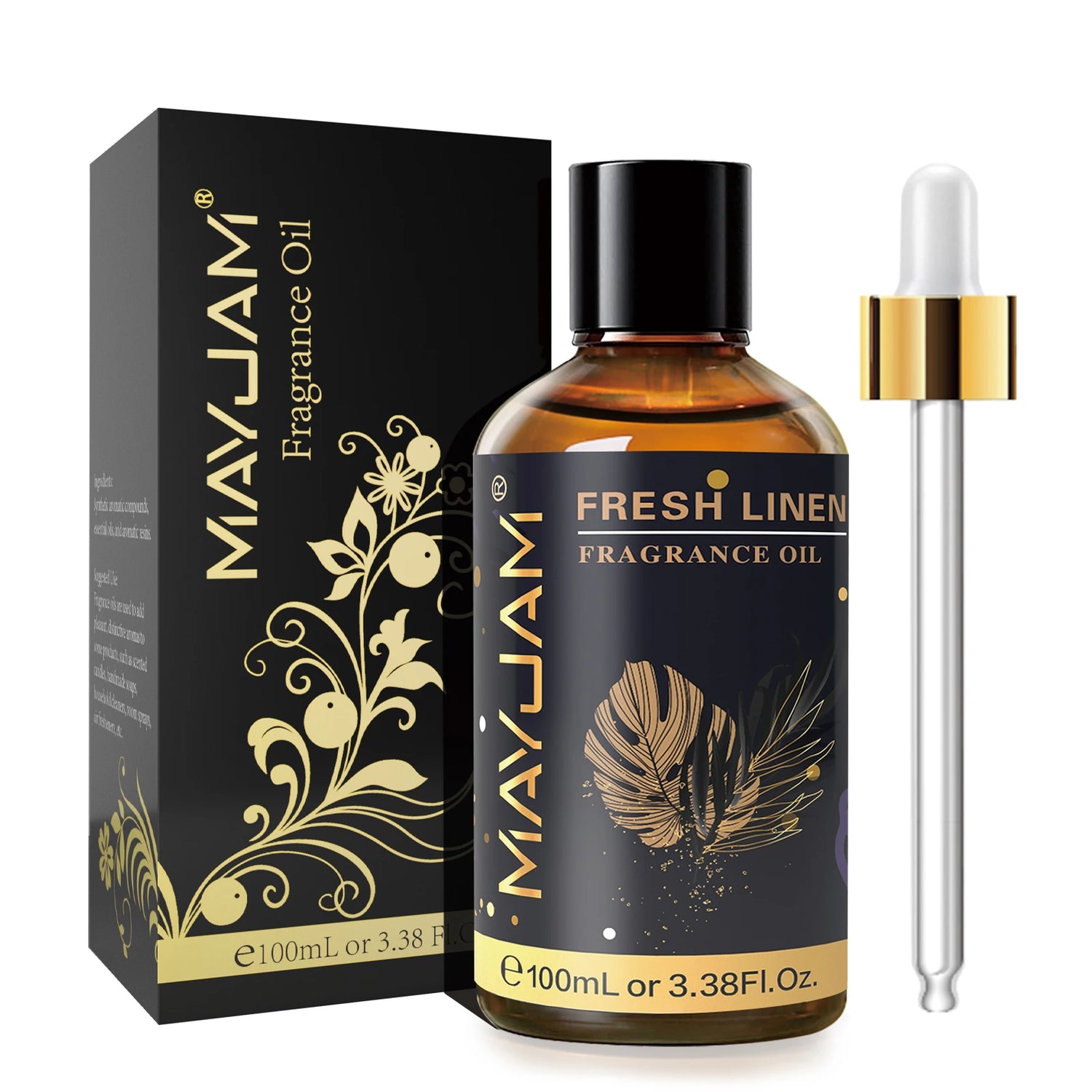 MayJam Fresh Linen fragrance oil bottle with dropper and packaging on a white background