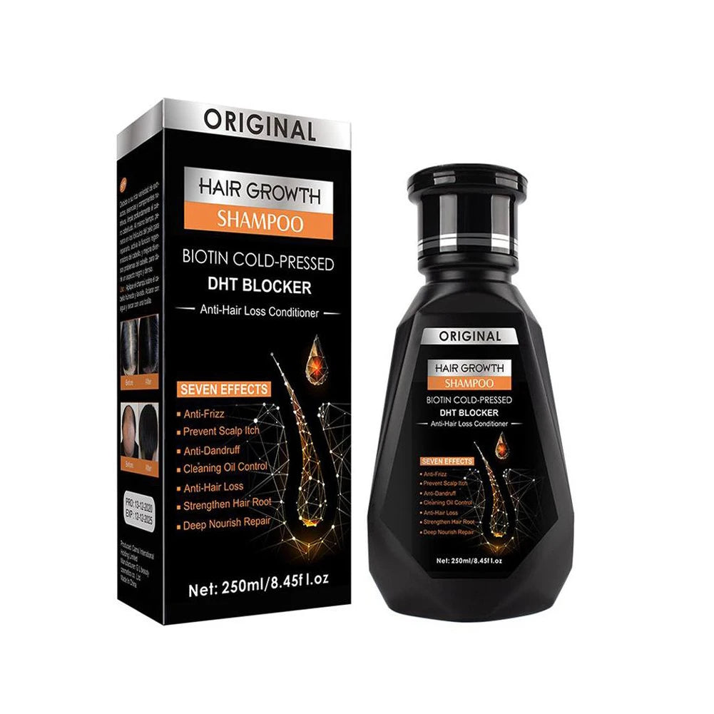 Hair growth shampoo packaging with black and orange design on a white background