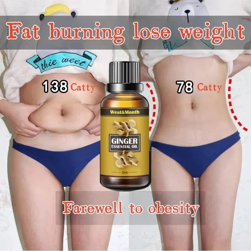 Ginger essential oil bottle with weight loss text and measurements on a white background