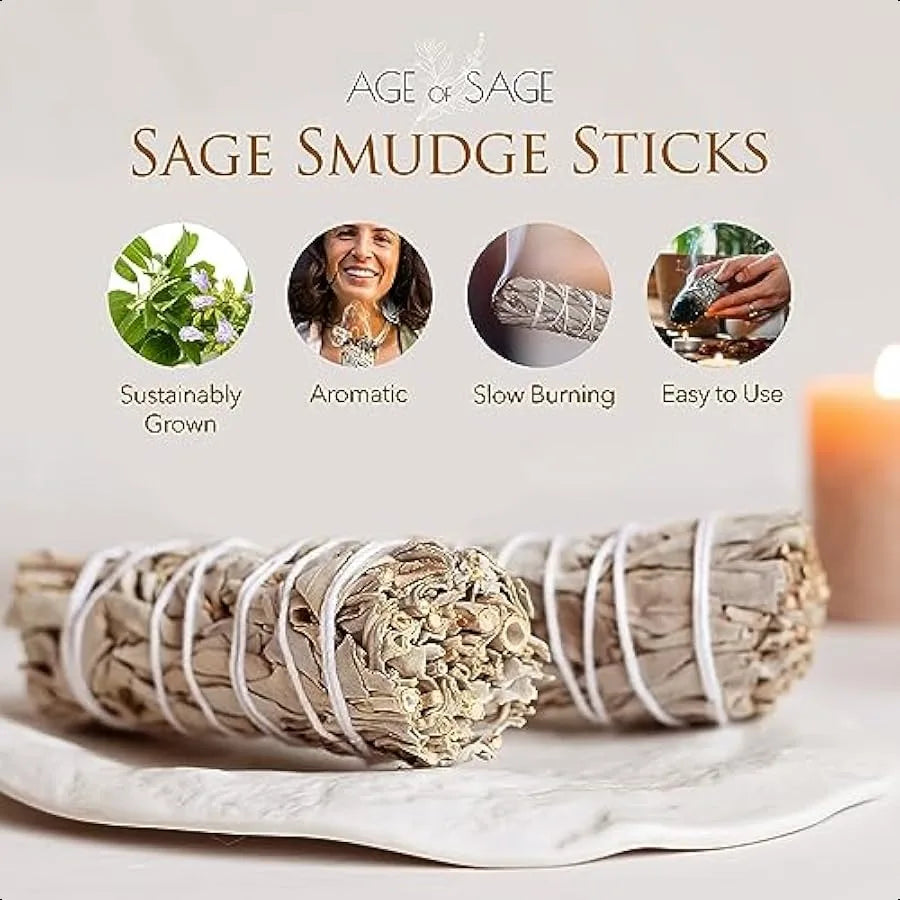 Sage smudge sticks with promotional text on a light background