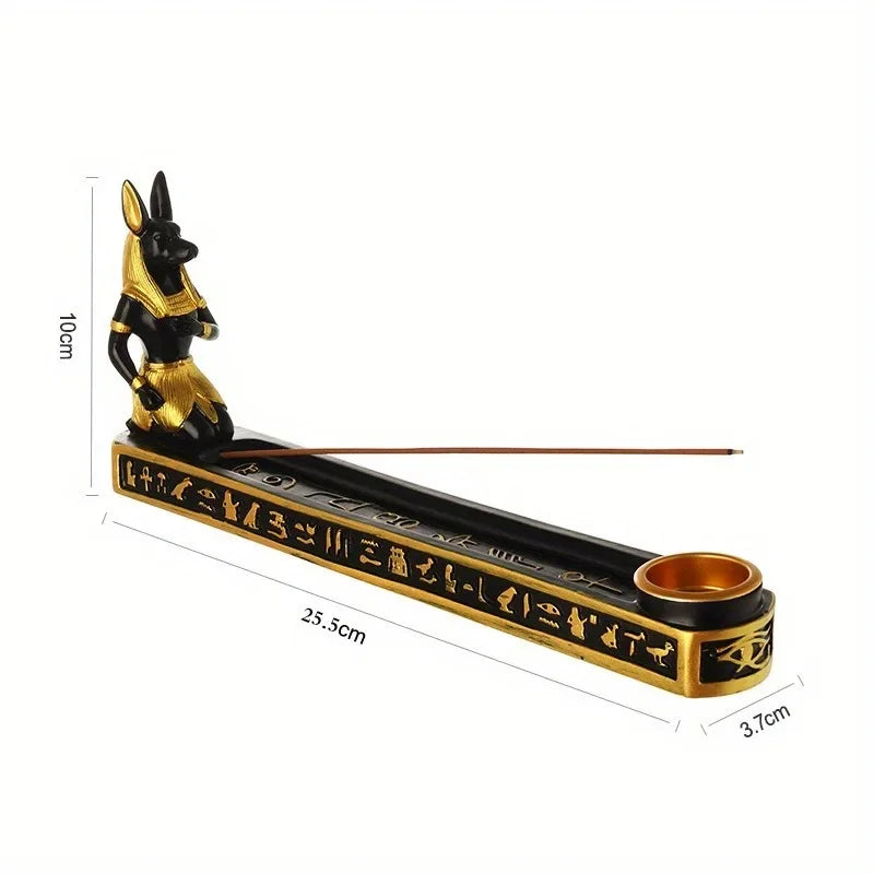 Incense burner with Anubis figure and dimensions on a white background