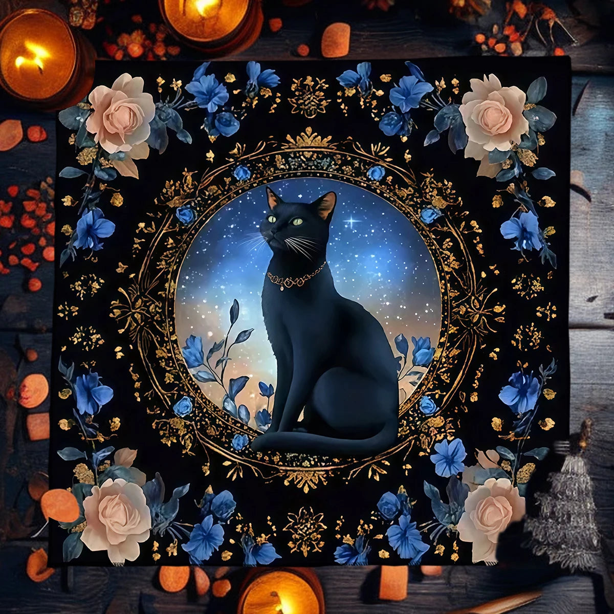 Decorative panel with a black cat, flowers, and candles on a dark background