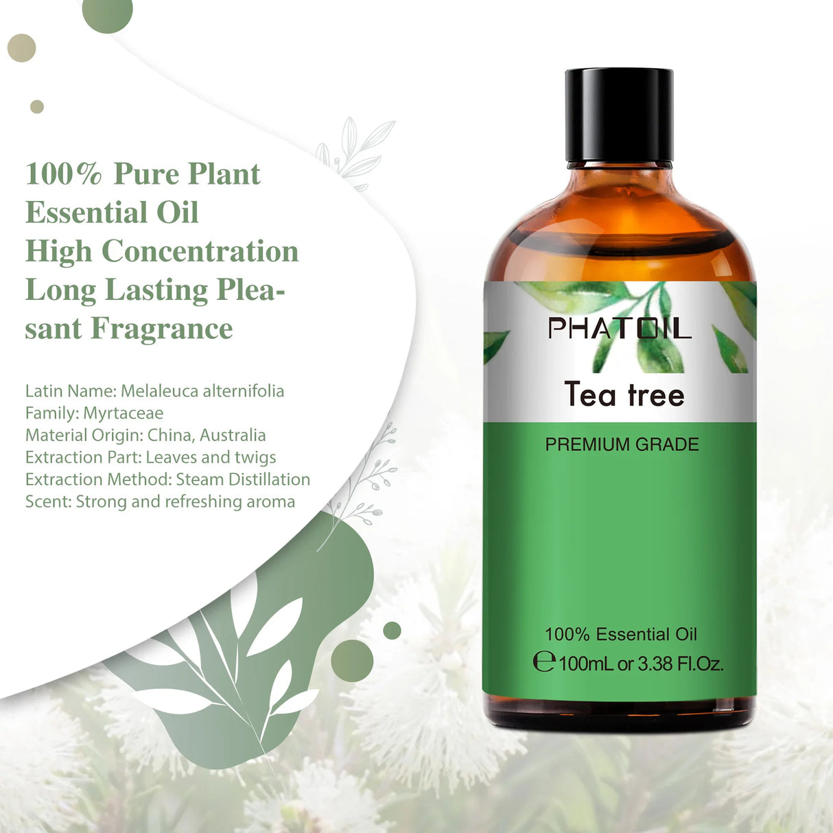 Tea tree essential oil bottle with label on a white background