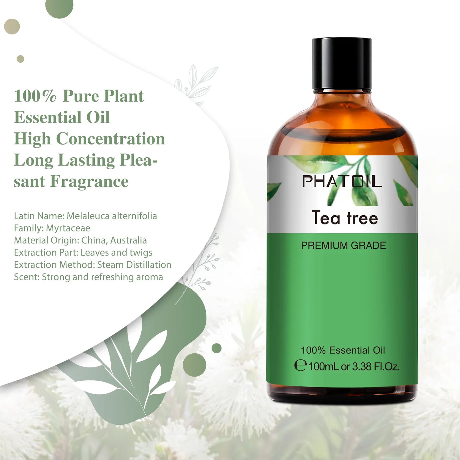 Tea tree essential oil bottle with label on a white background