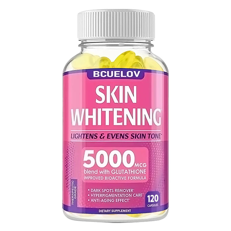 Bottle of BCuelov Skin Whitening supplement with pink label on a white background